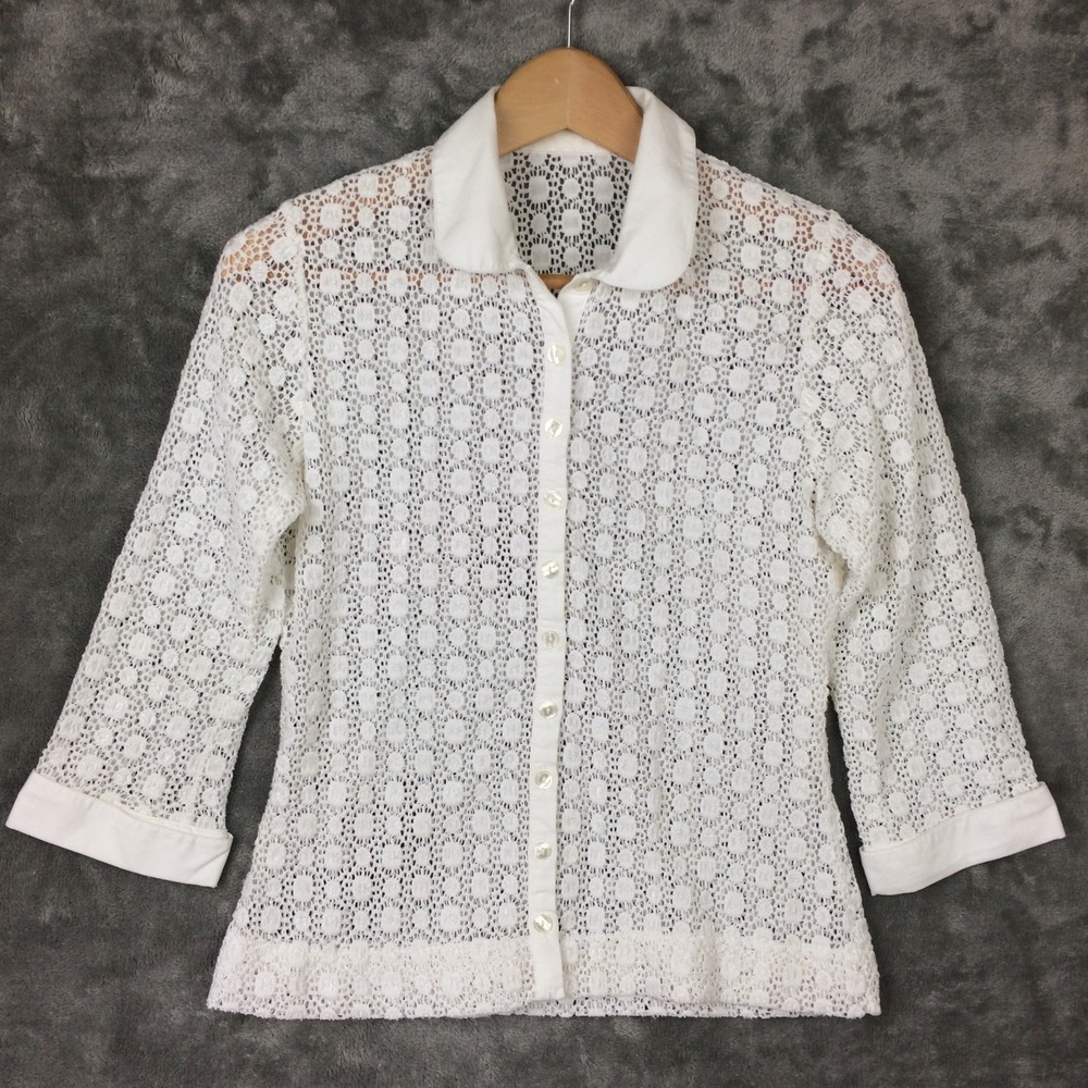 ANNE FONTAINE Lace Blouse Shirt XS Stretch Sheer Button Up France Elegant White